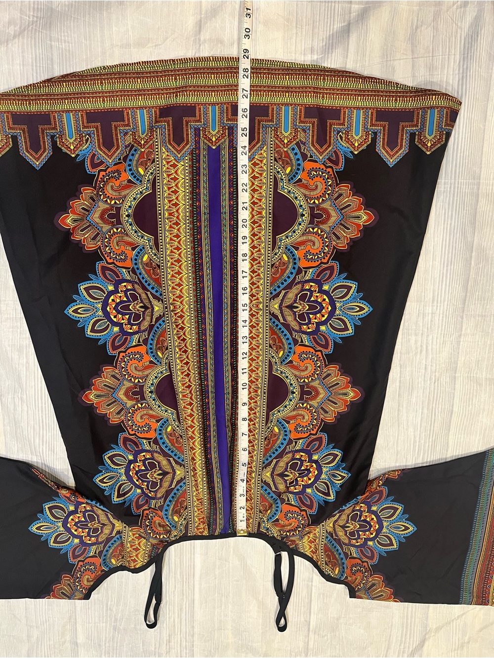 Boho Off-Shoulder Tunic Dress - Black with Multicolor Tribal Print - Picture 5 of 8